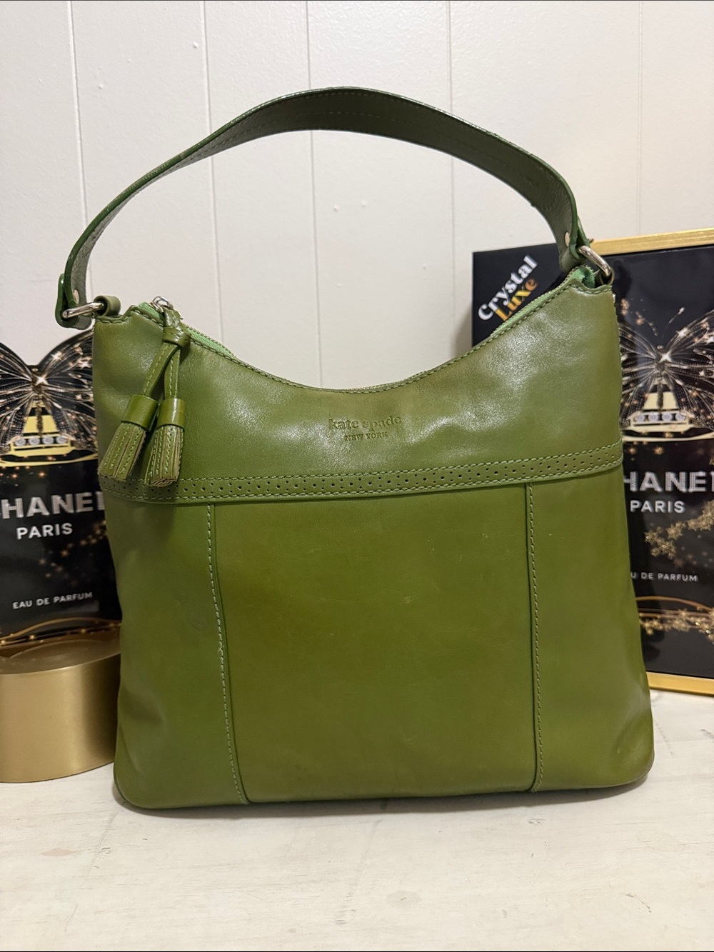 Kate Spade Vintage Olive Green Leather Shoulder Hobo with Tassel